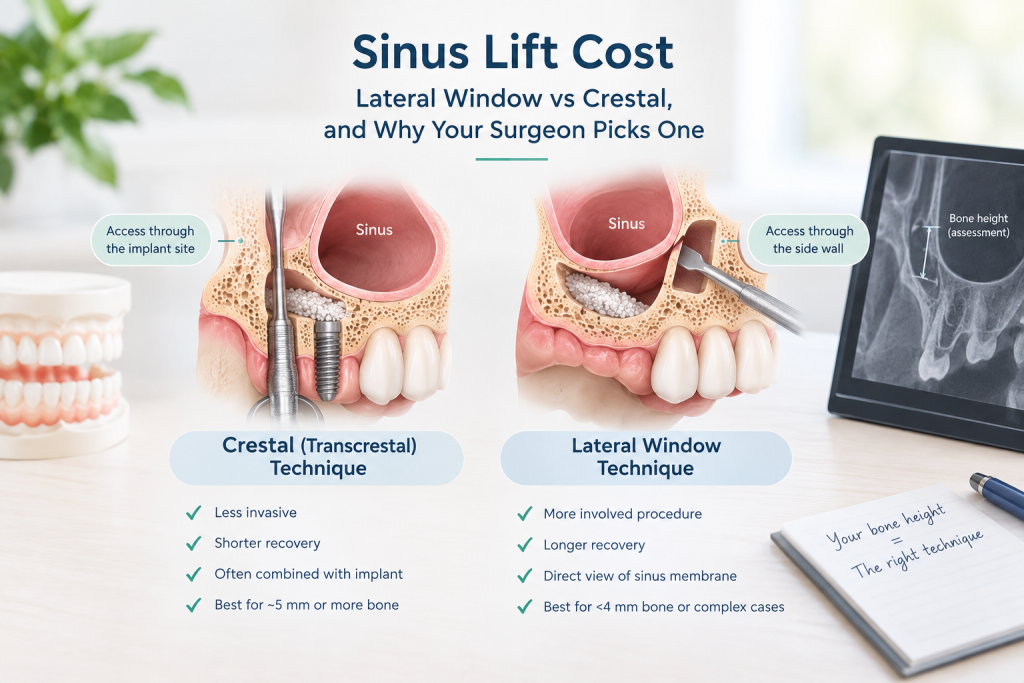 Sinus Lift Cost: Lateral Window vs Crestal, and Why Your Surgeon Picks One